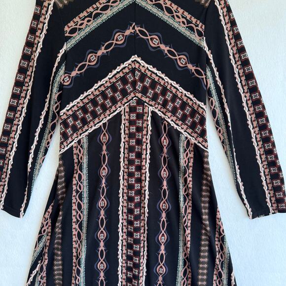Free People Boho Geometric Print Long Sleeve A-Line Mini Dress Lined sz M - Picture 5 of 5